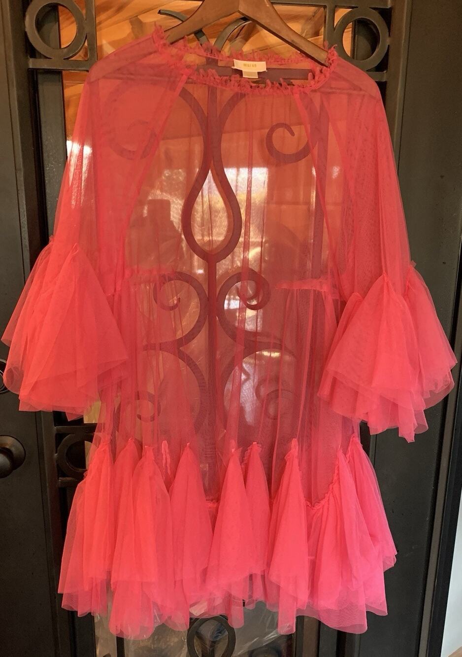 Maeve By Anthropologie Pink Tulle Sheer Ruffle Tiered Tunic Mini Dress L